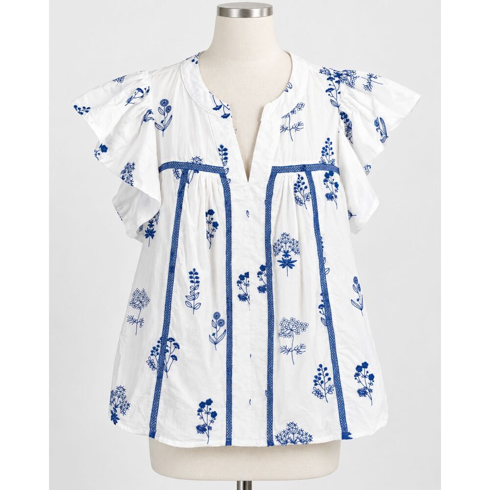 Entro Blue Floral Embroidered Flutter Sleeve Peasant Blouse Cottagecore Size M